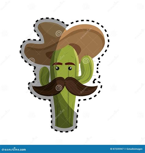 Sticker Animated Cartoon Cactus With Mexican Hat And Moustache Vector