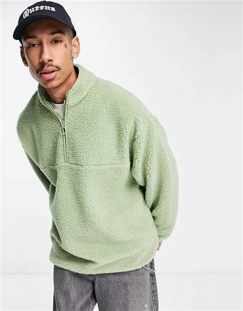 Asos Design Oversized Half Zip Sweatshirt In Green Borg Asos