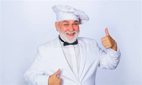 Smiling Mature Male Chef Showing Thumbs Up Approve Menu Bearded Cook