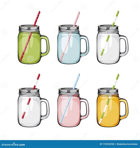 Set Of Mason Glass Jar With Handle And Straw Stock Vector Illustration Of Ball Bright 119233258