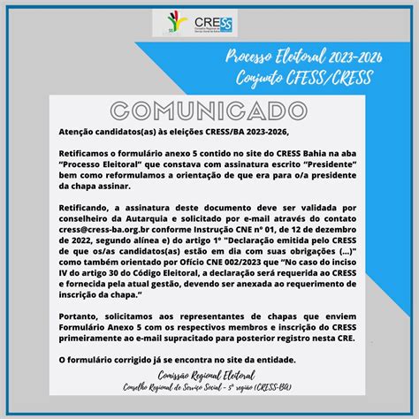 Elei Es Cfess Cress Comiss O Regional Eleitoral Divulga