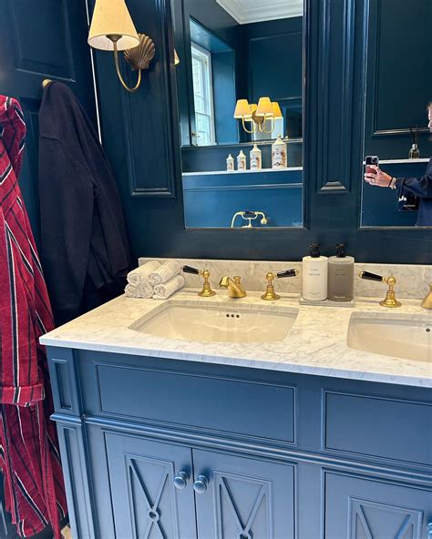 Deep Blue Bathroom With Brass Fixtures Bathroom Inspirations