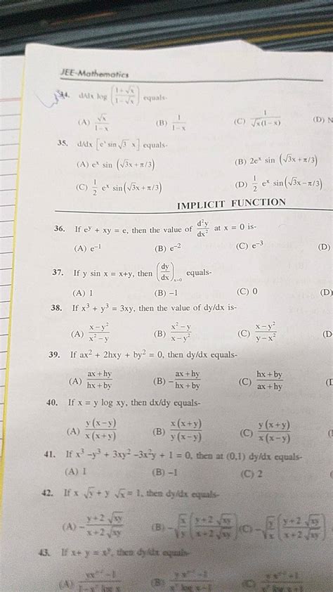 If X Y Xy Then The Value Of Dy Dx Is Filo