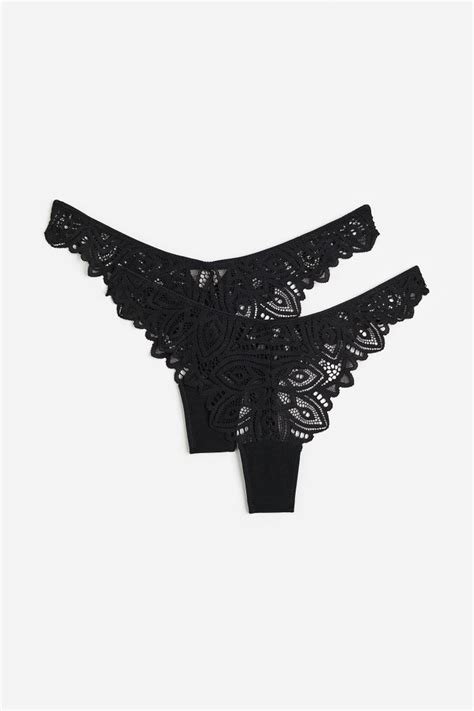 2 Pack Lace Thong Briefs Black Ladies Handm In