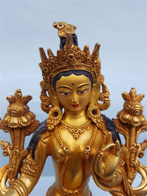 Green Tara Tibetan Handmade Statue Full Fire Gold Plated Painted