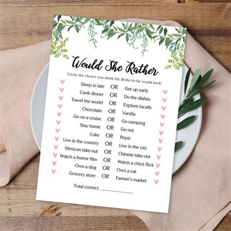 Would She Rather Printable Bridal Shower Game Printable Bridal Shower