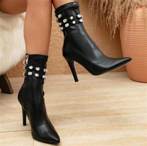 Womens Fashion Sexy Pointy Toe Rhinestone Zipper Ankle Boots Party High