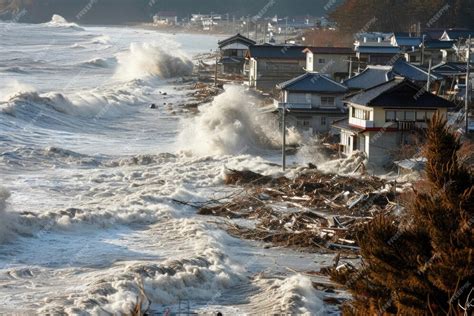 Premium AI Image | tsunami attack a coastal town after earthquake