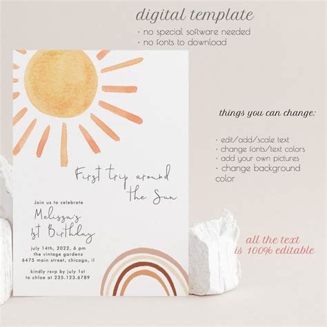 First Trip Around The Sun Birthday Invitation Editable Sunshine St