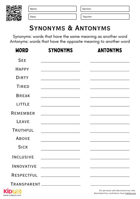 Synonym & Antonym Writing Worksheets For Grade 5 - Kidpid