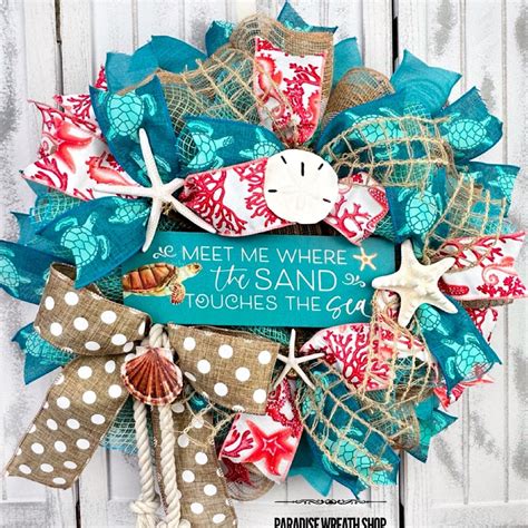 Sea Turtle Coastal Wreath Beach Front Door Decorations With Starfish