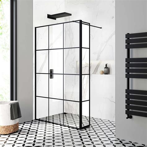 Munich Matt Black Grid 8mm Wet Room Shower Glass 1200mm 250mm Pivotal