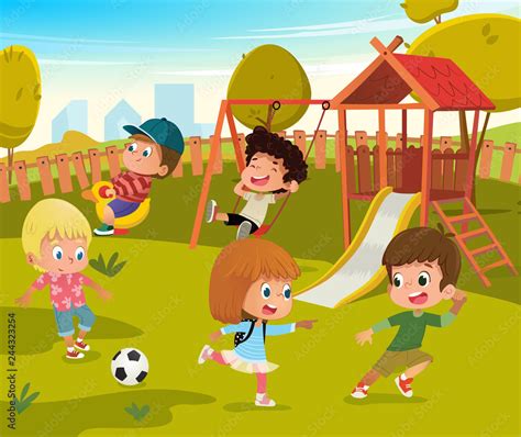Baby Playground Summer Park Vector Illustration. Children Play Football ...