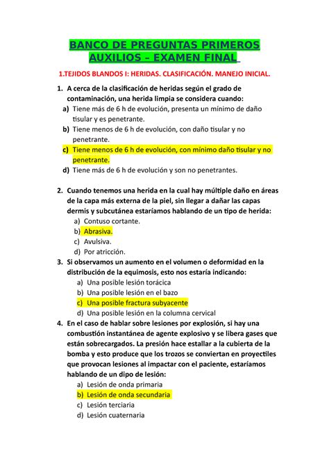 Banco DE Preguntas Exa Final Primeros Auxilios BANCO DE PREGUNTAS