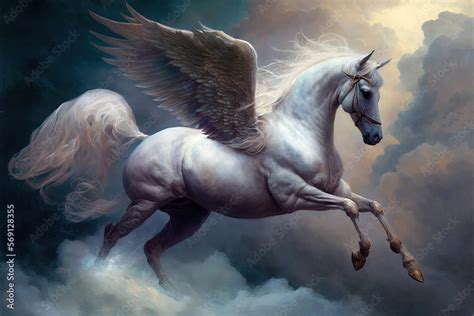 A Majestic Pegasus Soars Through The Clouds Its Wings Carrying It To