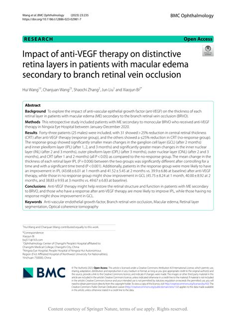 Pdf Impact Of Anti Vegf Therapy On Distinctive Retina Layers In Patients With Macular Edema