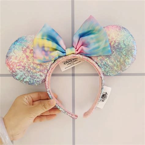 Disney Original Minnie Mouse Headband Mermaid Princess Big Sequin Bows Ears Costume Bandeau