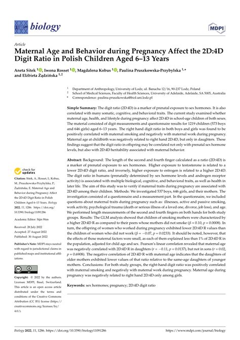 Pdf Maternal Age And Behavior During Pregnancy Affect The 2d4d Digit