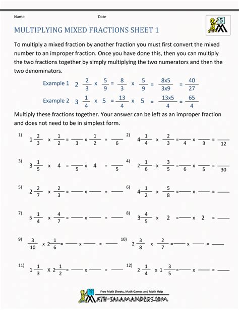 006 Fraction Math Worksheet Multiplying Mixed Fractions Db Excel