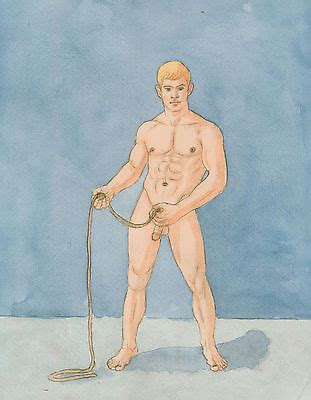 Original Male Nude Ink Drawing Painting Watercolor Gay Man Boy Fine Art