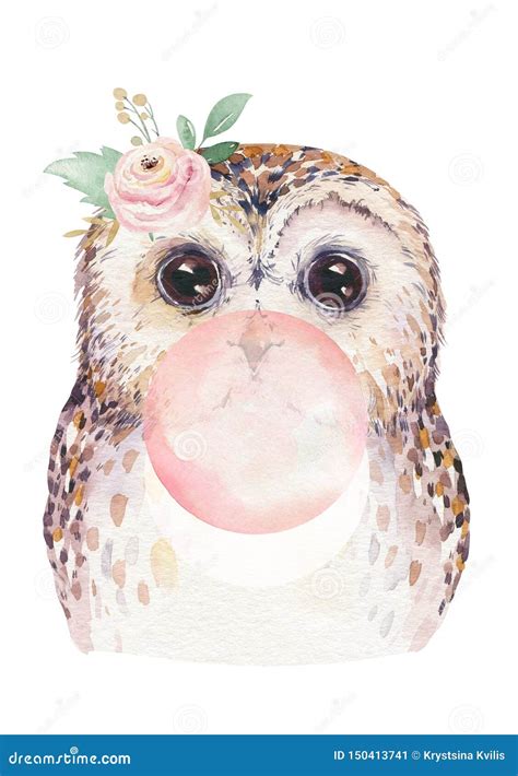 Watercolor Forest Cartoon Isolated Cute Baby Owl with Gum, Animal with ...