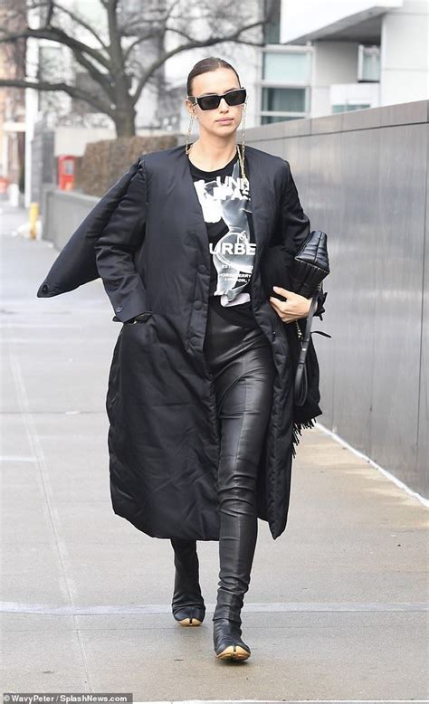 Irina Shayk Rocks A Graphic T Shirt And Leather Leggings While Out Nyc