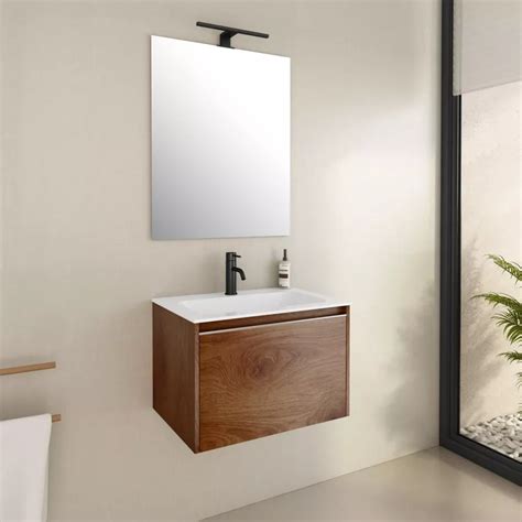 Mobile Bagno Sospeso 60 Cm Color Noce Nativo Con Lavabo E Specchio Edith