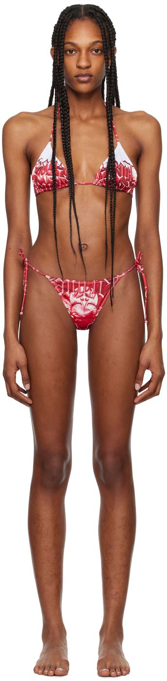 Bikini rouge et blanc à images à logo Très Gaultier Jean Paul