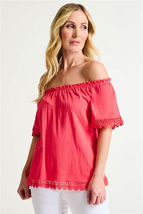 Short Sleeve Jersey Bardot Top With Lace Trim Bonmarché