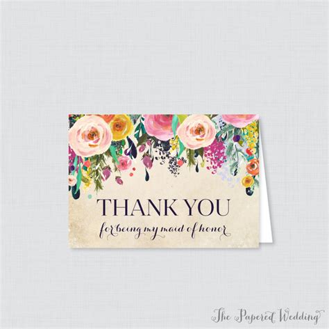 Printable Maid Of Honor Thank You Cards Floral Thank You For Being My