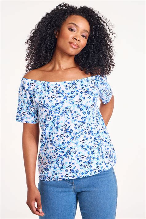 Short Sleeve Spaced Floral Shirred Hem Bardot Top Bonmarché