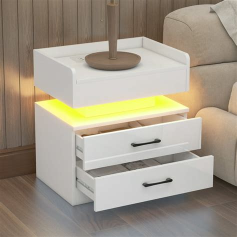 White Nightstand With Wireless Charging Station Modern End Side Table With Remote Control Led