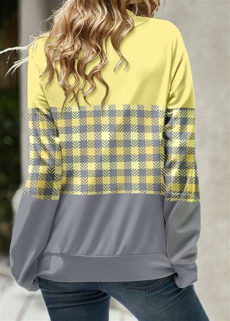 Plaid Patchwork Light Yellow Cowl Neck Sweatshirt Rosewe USD 28 98