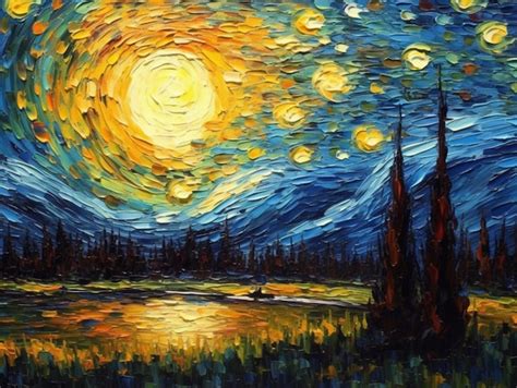 Premium AI Image | A painting of a starry night sky with the moon above it.