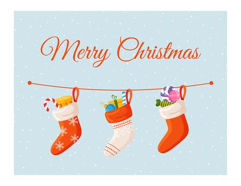 Christmas Horizontal Greeting Card With Hanging Socks Or Stockings