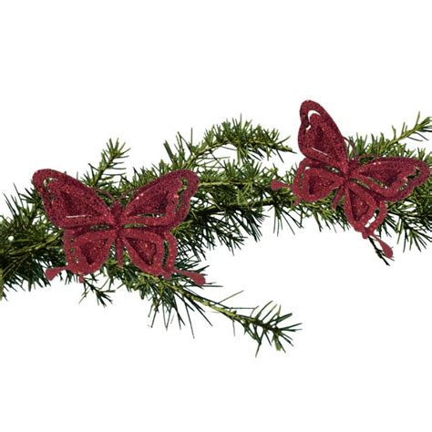 2x Stuks Kerstboom Decoratie Vlinders Op Clip Glitter Bordeaux Rood 14