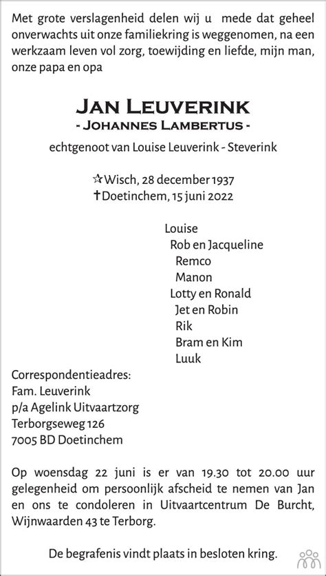 Jan Johannes Lambertus Leuverink 15 06 2022 Overlijdensbericht En