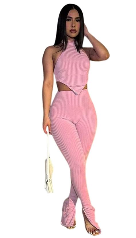 Ekaliy Two Piece Outfits For Women Sleeveless Crop Top Ribbed High Waist Long Pants Sets Party