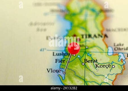 Vlora map. Close up of Vlora map with red pin. Map with red pin point ...