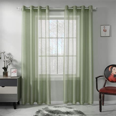 Sage Green Sheer Curtains 84 Inch Length Set 2 Panels For Bedroom Faux Linen Sheer