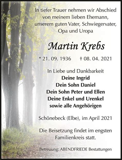 Traueranzeigen Von Martin Krebs Abschied Nehmen De