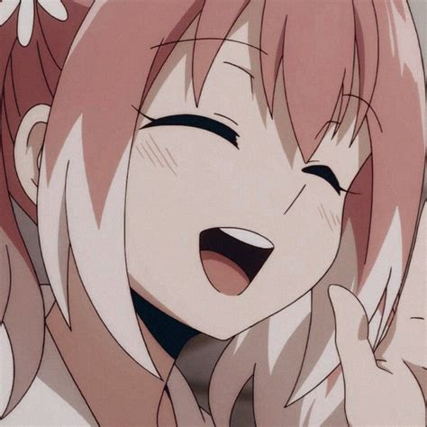 An Anime Girl With Pink Hair Smiling And Holding Her Hand Up To Her Face