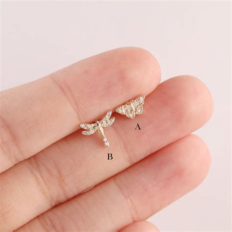 14k Solid Gold Dragonfly Threadless Top Butterfly Cartilage Earring Flat Back Earring Conch