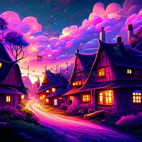 Cartoon House in the Village at Night - Illustration for Children ...