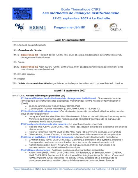 Ecole Thématique CNRS Les méthodes de l analyse institutionnelle