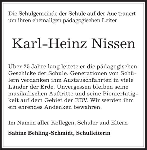 Traueranzeigen Von Karl Heinz Nissen Trauer Op Online De