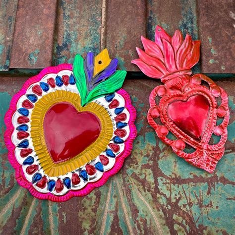 Two Mexican Tin Ornaments Of Sacred Heart Wall Hangings For Bohemian