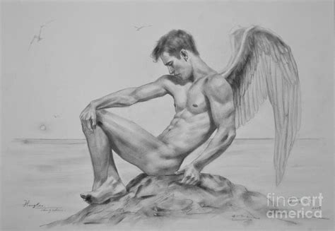 Original Drawing Sketch Charcoal Art Angel Of Male Nude Men Gay