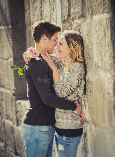 Beautiful Couple In Love Kissing On Street Alley Celebrating Valentines