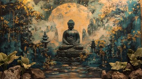 Premium Photo Serene Buddha Statue In Mystical Forest With Full Moon